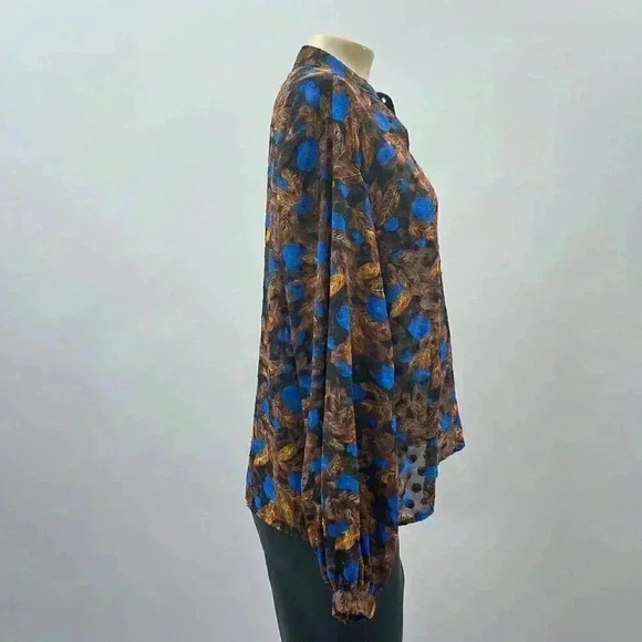 Vintage Sheer Blouse Size S Tunic Brown Blue Embroidered Bishop Sleeve Whimsy - Picture 4 of 10